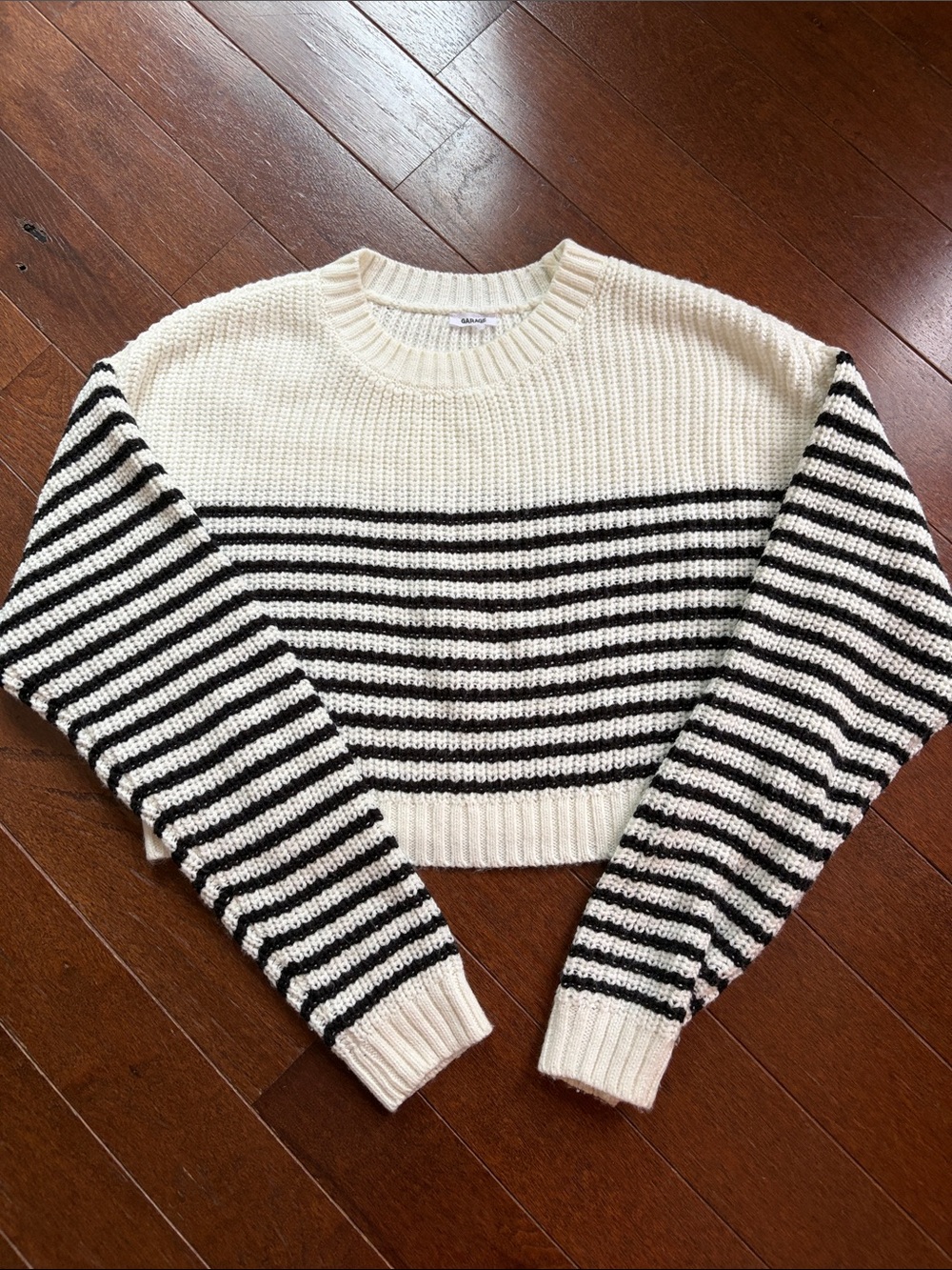 Garage Cream and Black Striped Cropped Crewneck Sweater